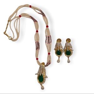 Indian Small Pearl & Green Gem Necklace Set with Earrings